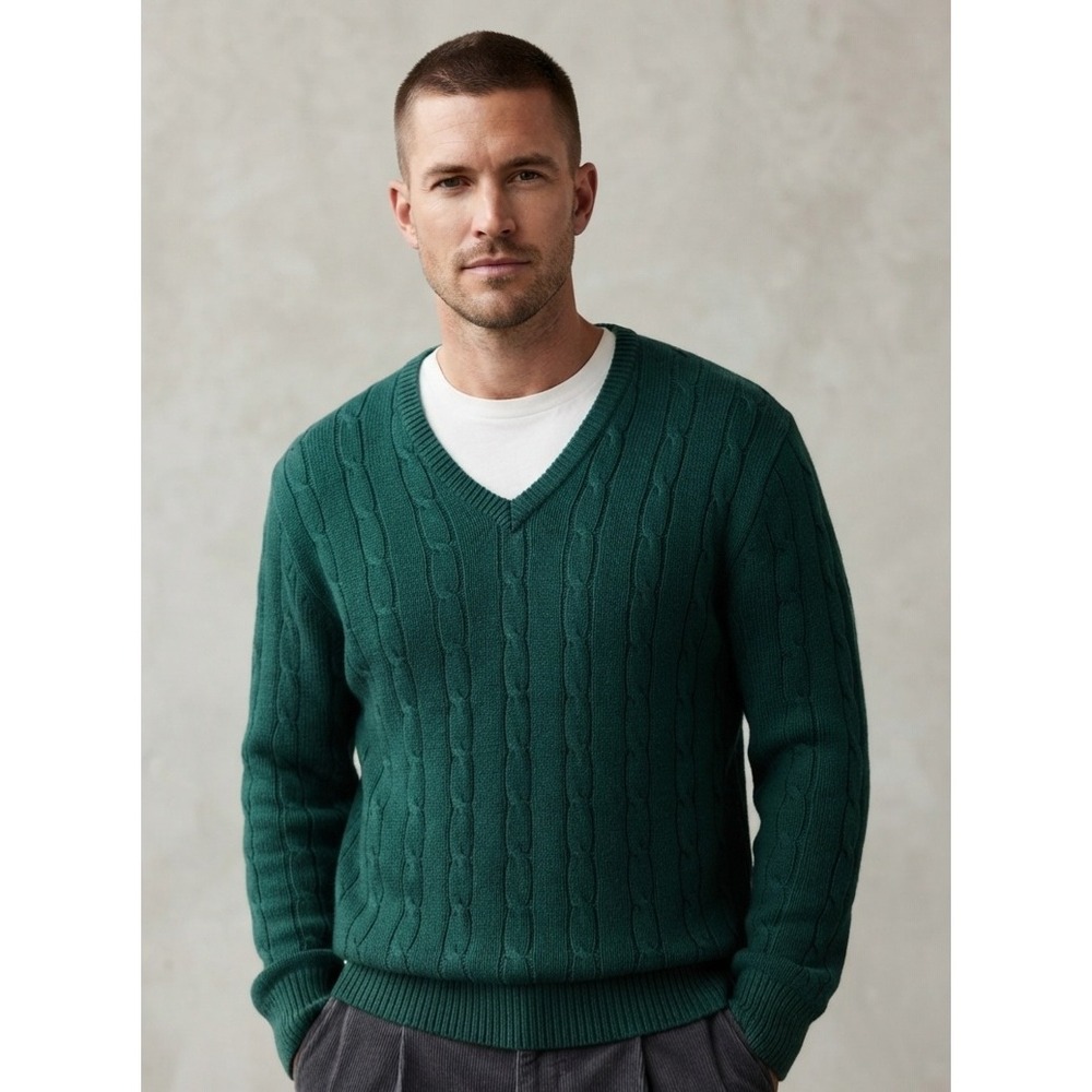 IZOD CLUB Green Cable Knit V-Neck Cotton Pullover Sweater Large